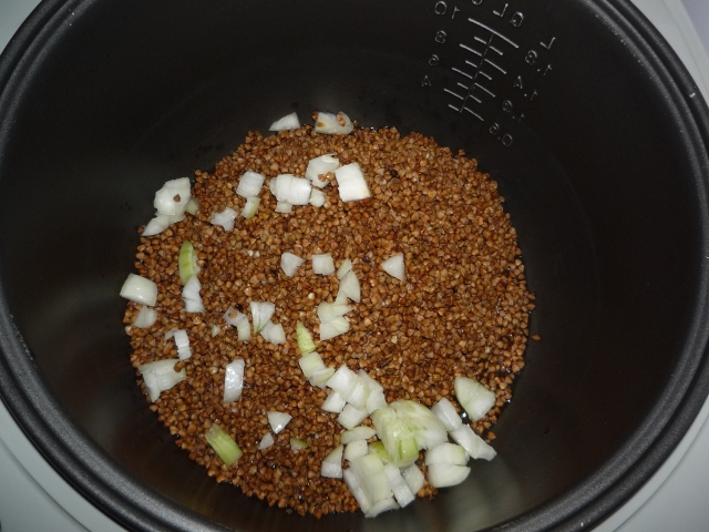 В чашу мультиварки помещаем гречку, соль, порезанный репчатый лук
